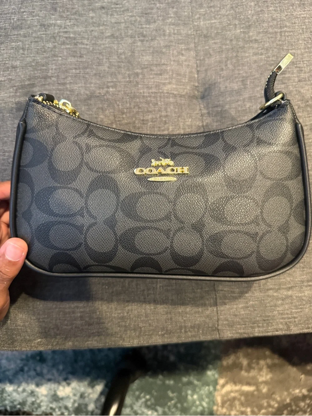 Coach Black and Dark Gray Signature Crescent Shoulder Bag